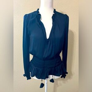 Anthropologie x Current Air Navy Satin Ruched Blouse